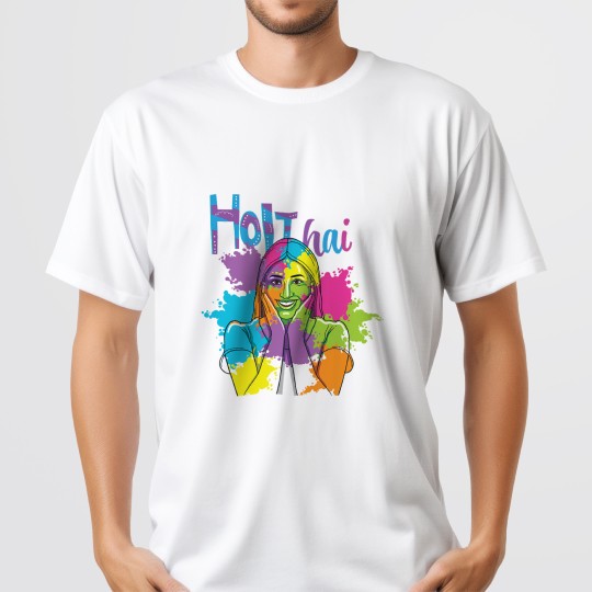Holi Hai Happy Girl - Round Neck white polyester Holi Tshirt