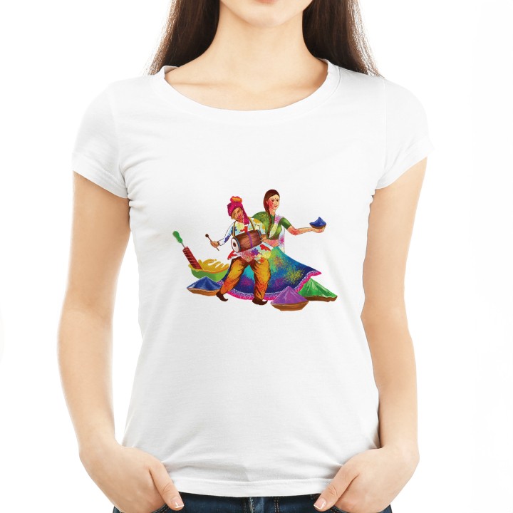 Perect gift for Festival of colors - Happy Holi Tshirt for Women round neck designed white tshirt
