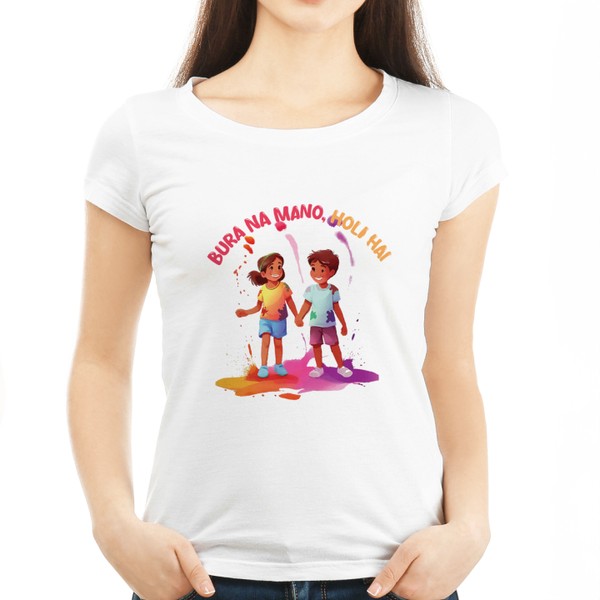 Bura Na Mano Holi Hai with Happy Kids Print - Holi Tshirt for Women