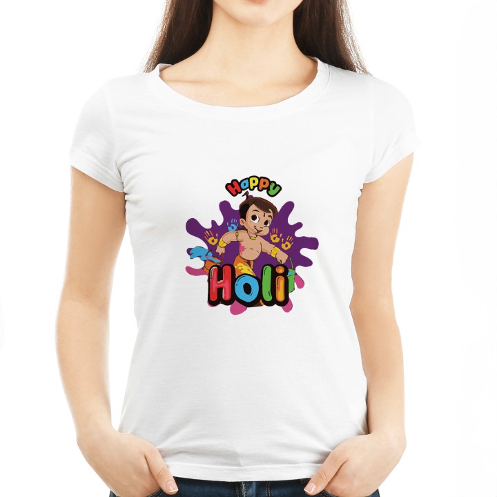 Happy Holi Chota Bhim - Fun character printed Holi tshirts| Round neck| Regular fit for Women